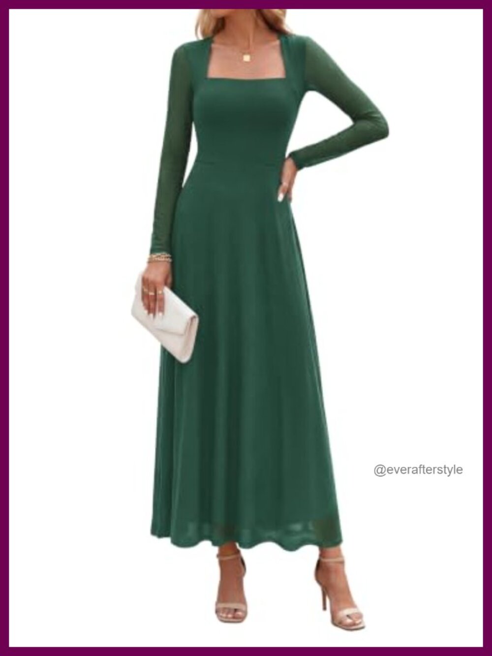 Women's Flowy Maxi Mesh Dress Long Sleeve Square Neck A-Line Cocktail Wedding